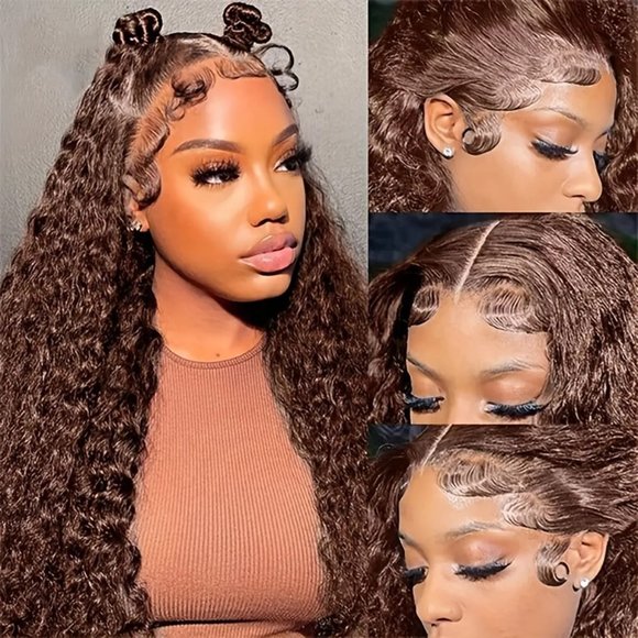 180% Chocolate Brown 13×4 Lace Front Deep Wave Curly Lace Front Human Hair Wig - Picture 5 of 7